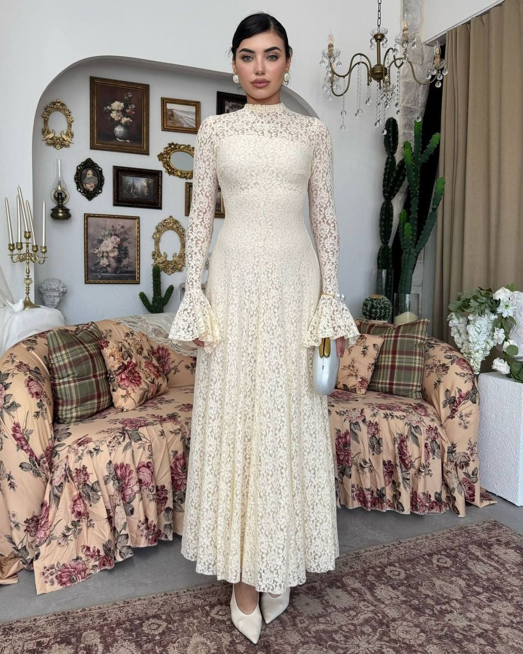 Amelia Floral Lace Maxi Dress - Off White - front view