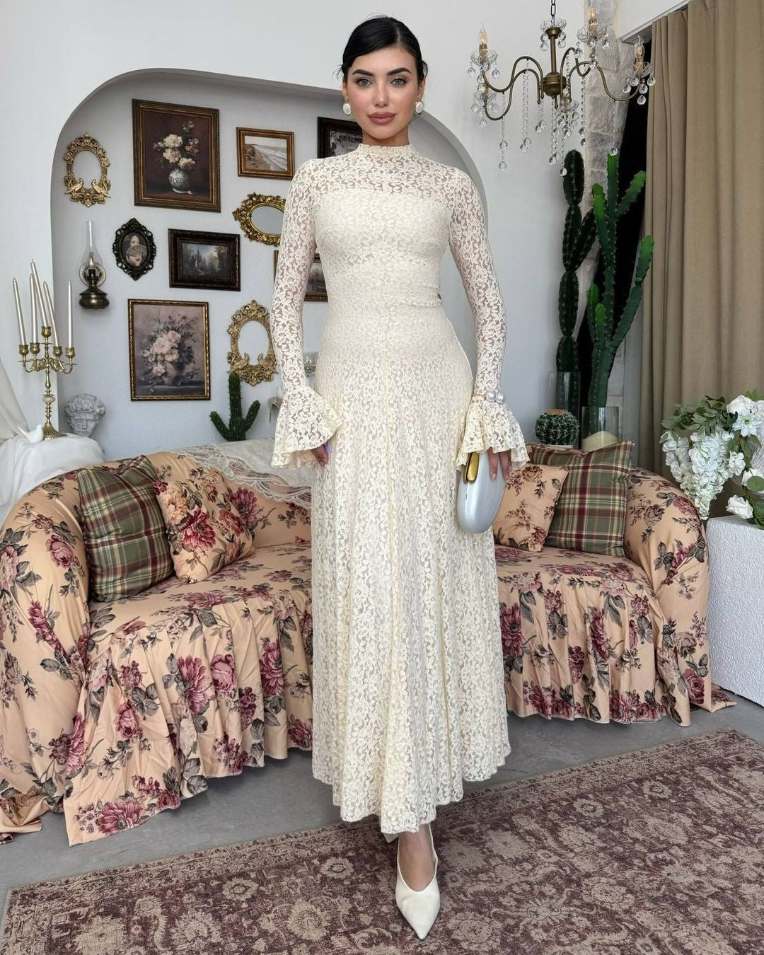 Amelia Floral Lace Maxi Dress - Off White - front view