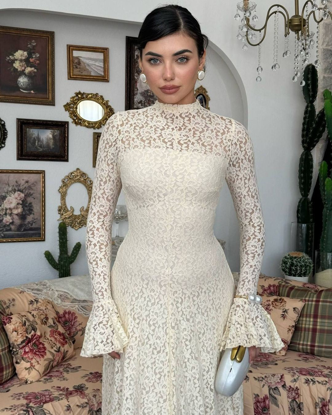 Amelia Floral Lace Maxi Dress - Off White - front view