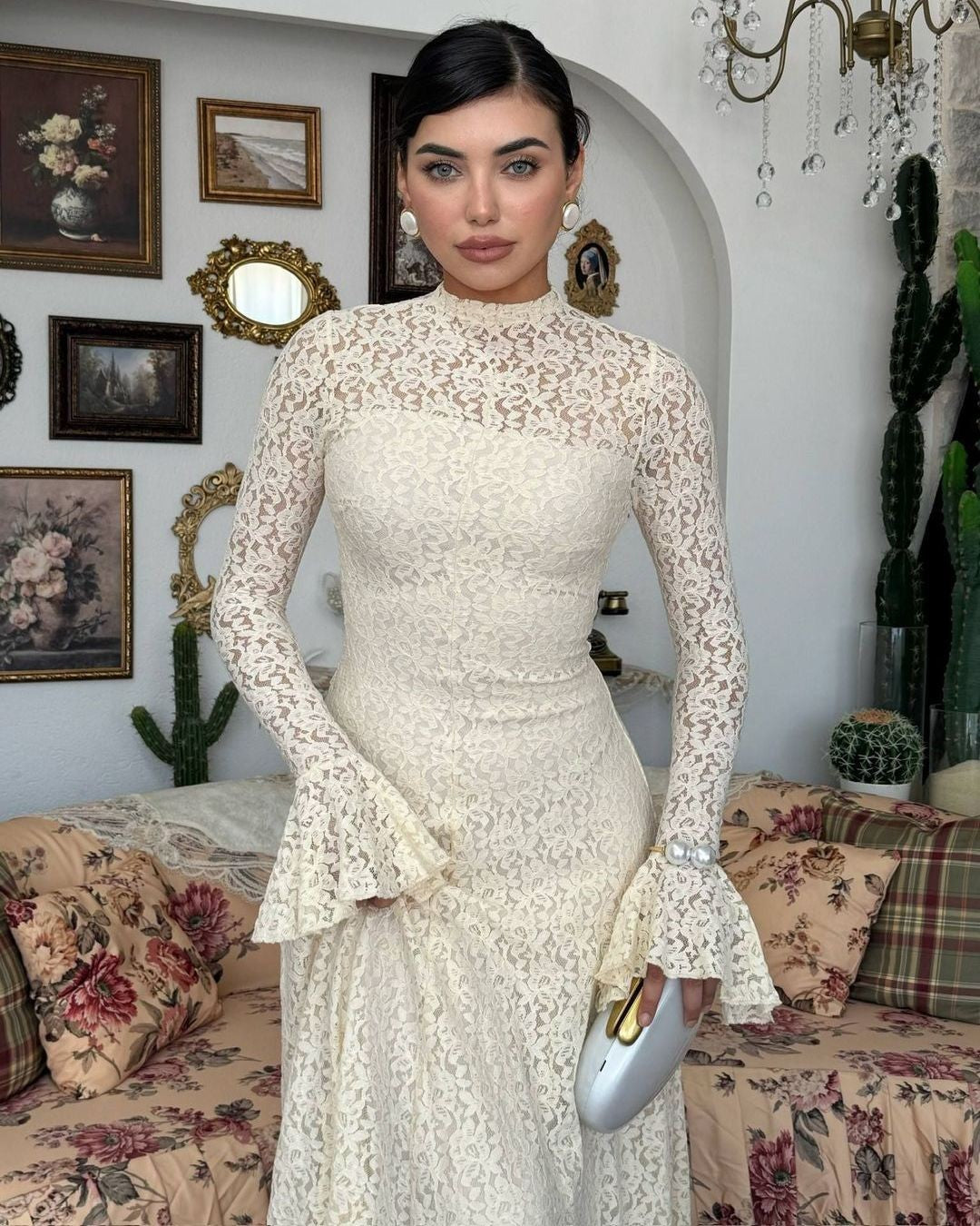 Amelia Floral Lace Maxi Dress - Off White - front view