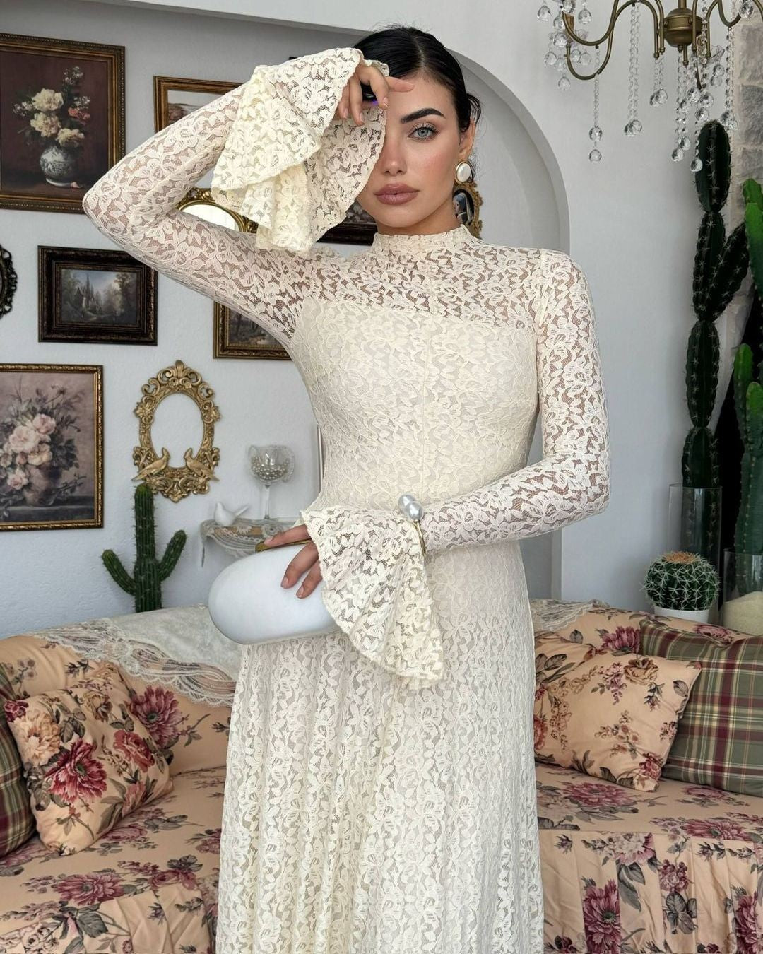 Amelia Floral Lace Maxi Dress - Off White - front view