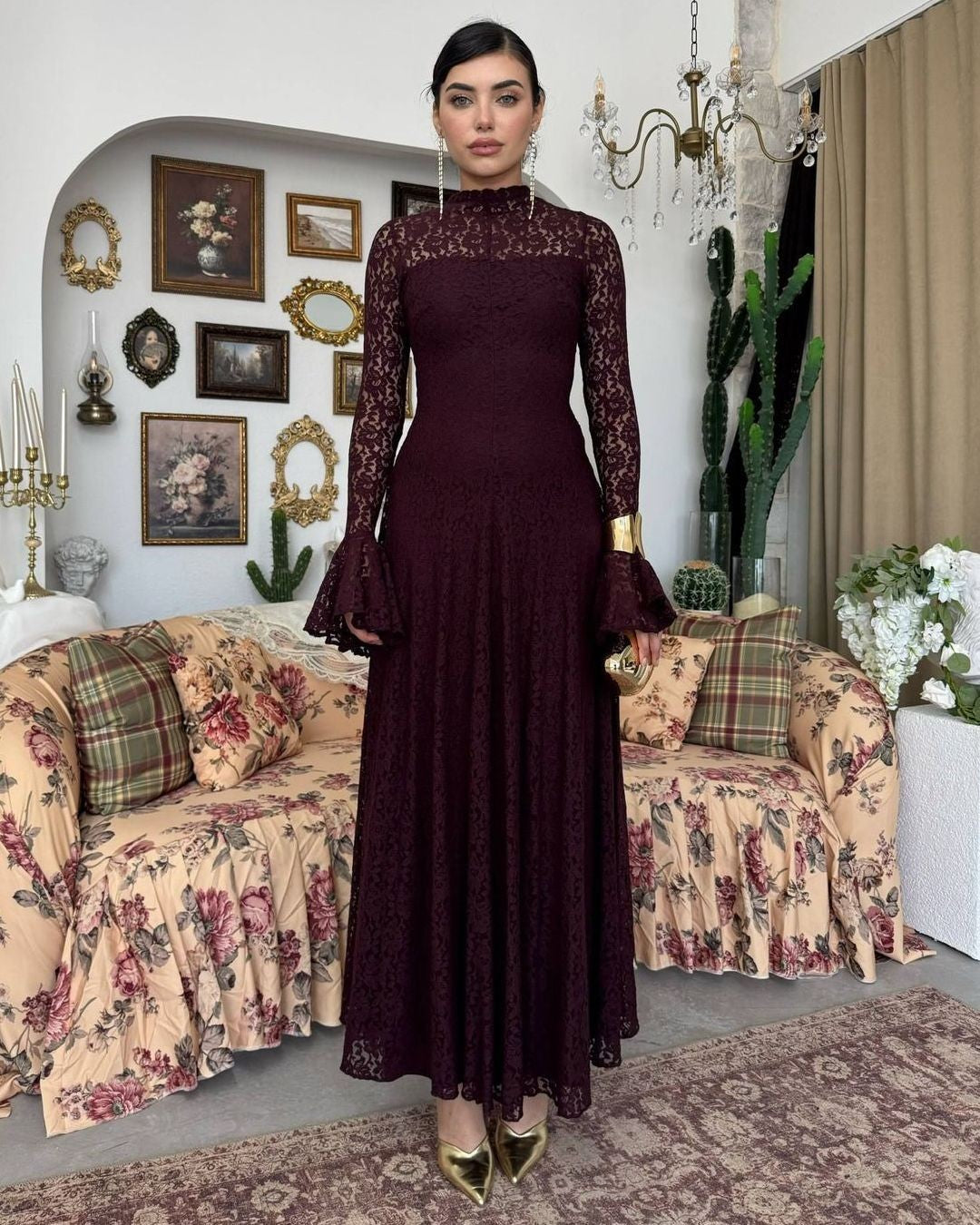Amelia Floral Lace Maxi Dress - Purple - front view