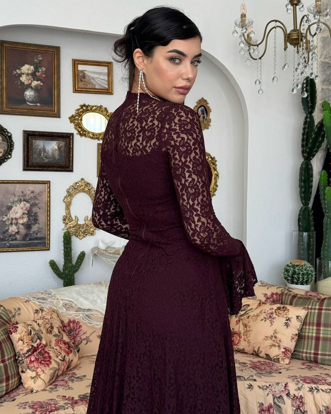 Amelia Floral Lace Maxi Dress - Purple - back view