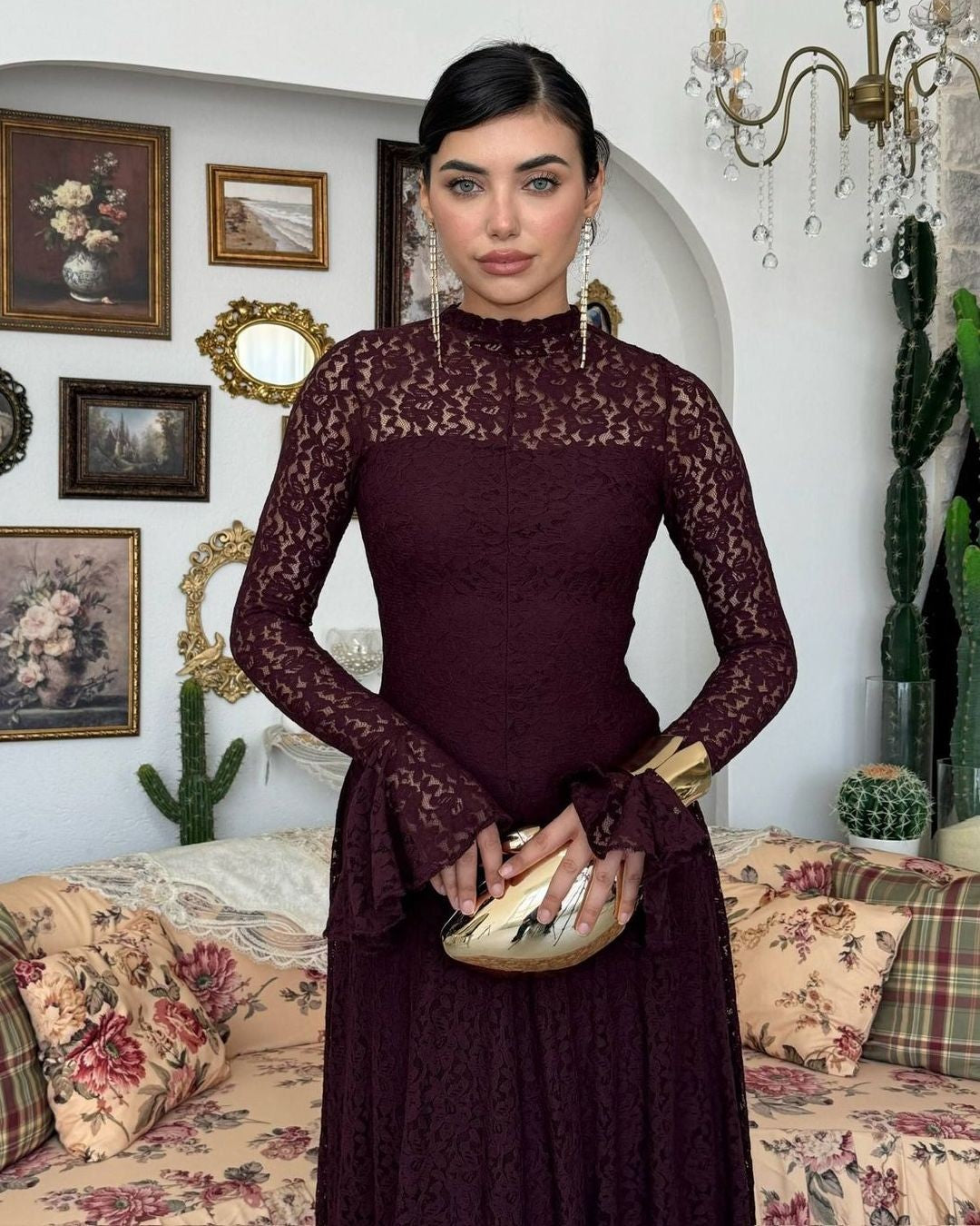Amelia Floral Lace Maxi Dress - Purple - front view