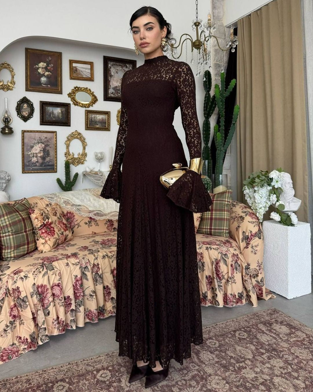 Amelia Floral Lace Maxi Dress - Brown - front view