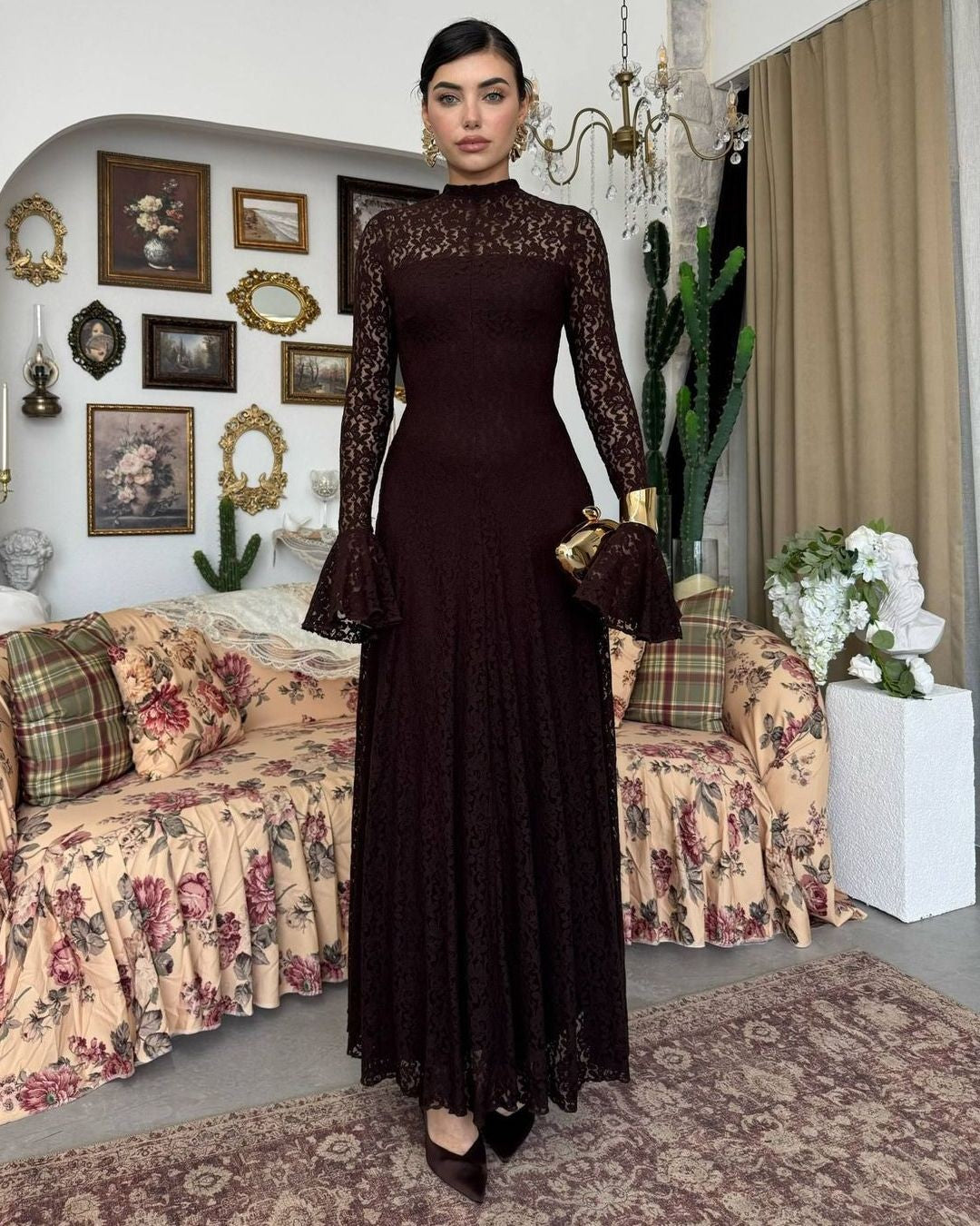 Amelia Floral Lace Maxi Dress - Brown - front view