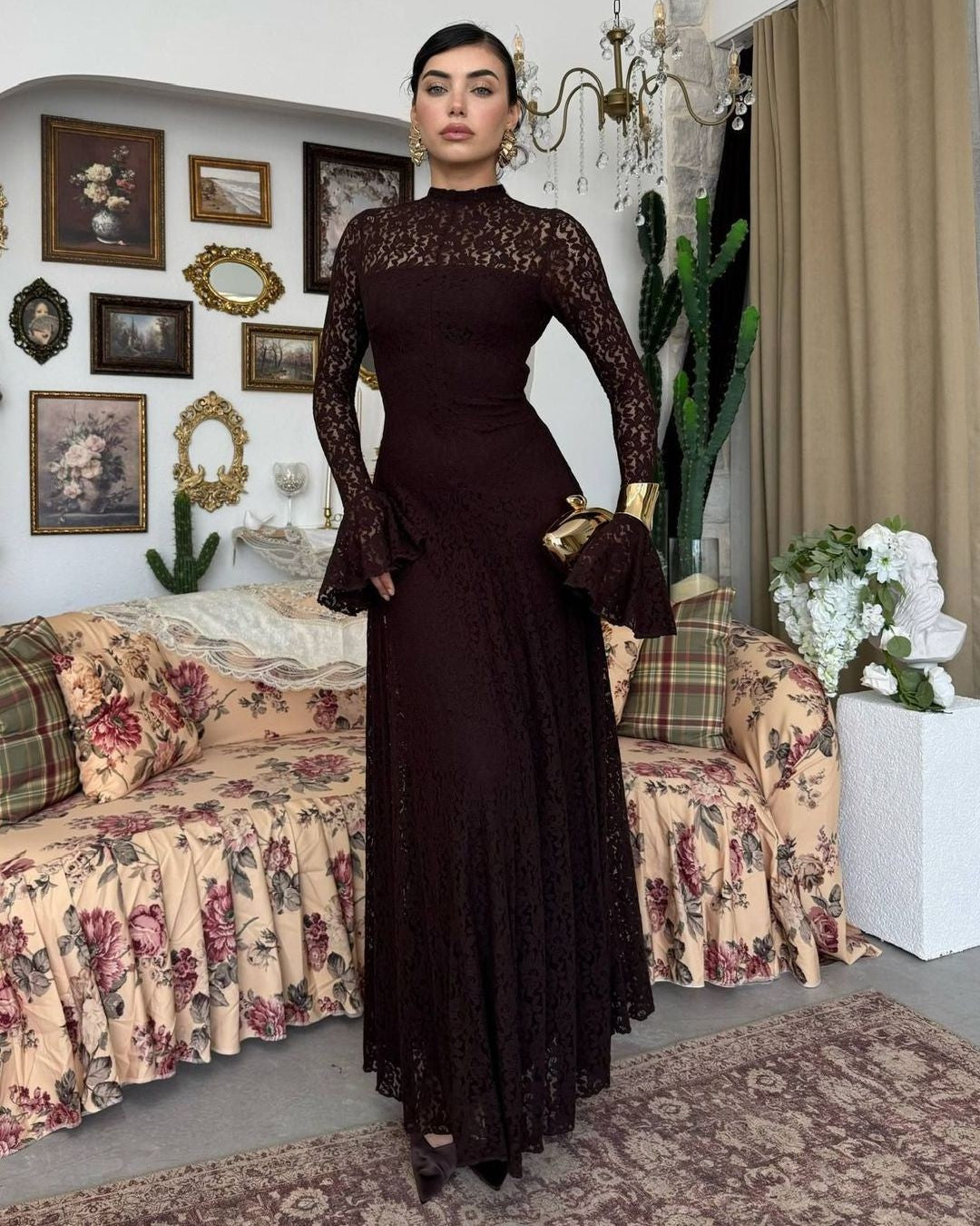 Amelia Floral Lace Maxi Dress - Brown - front view