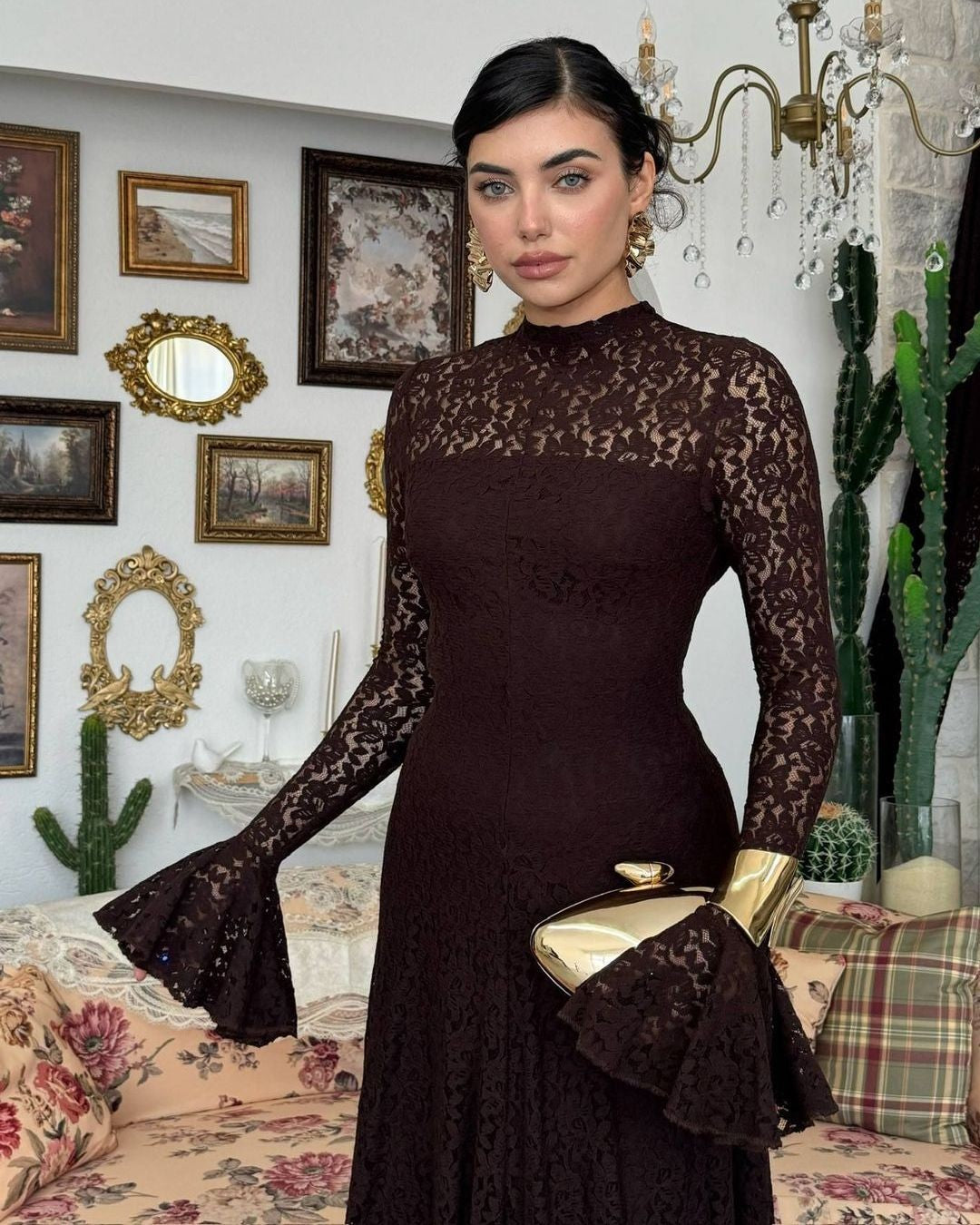 Amelia Floral Lace Maxi Dress - Brown - front view