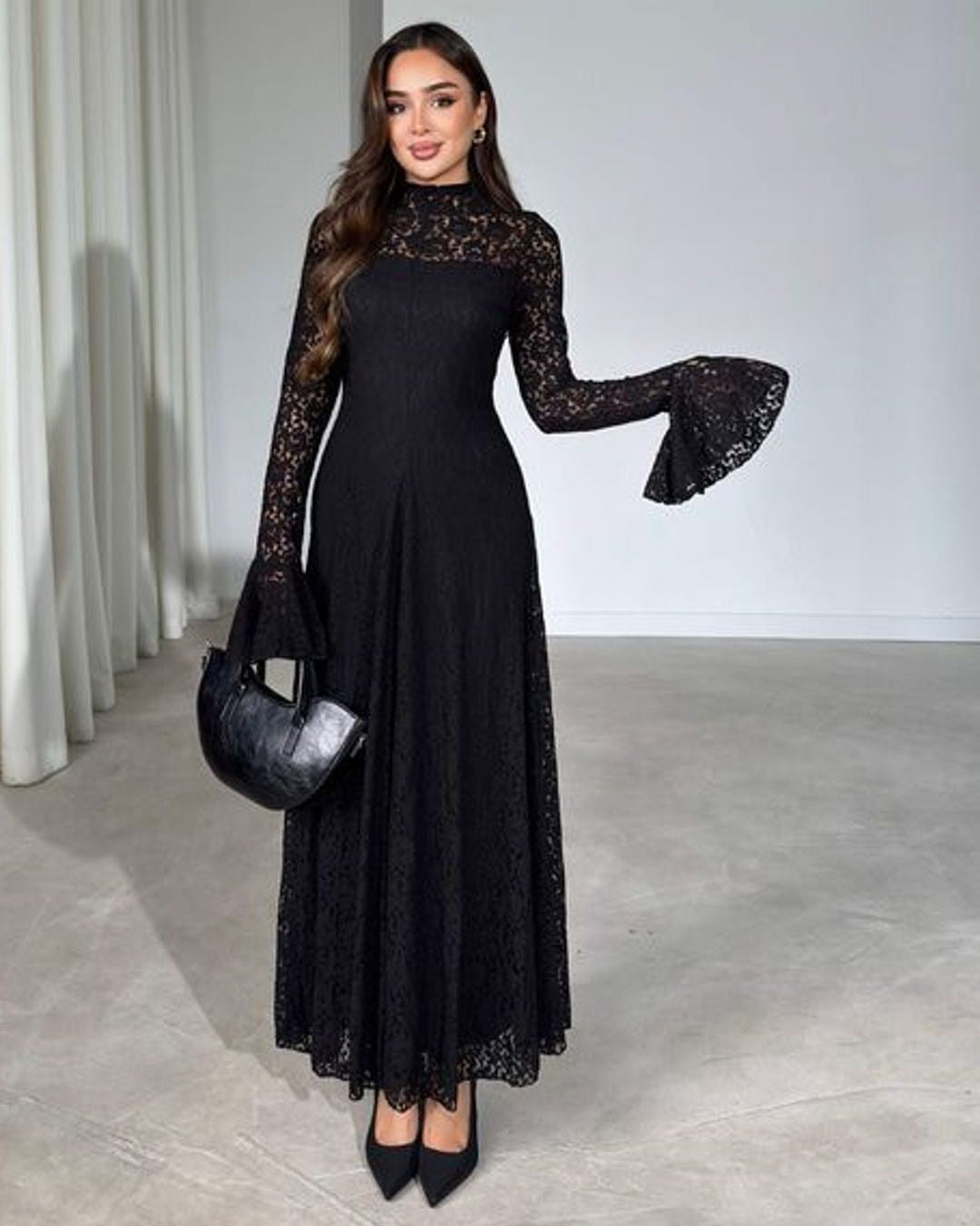 Amelia Floral Lace Maxi Dress - Black - front view