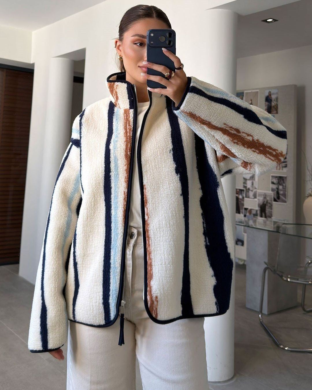 Artisan Stripe Oversized Fleece Jacket - Off White - front view