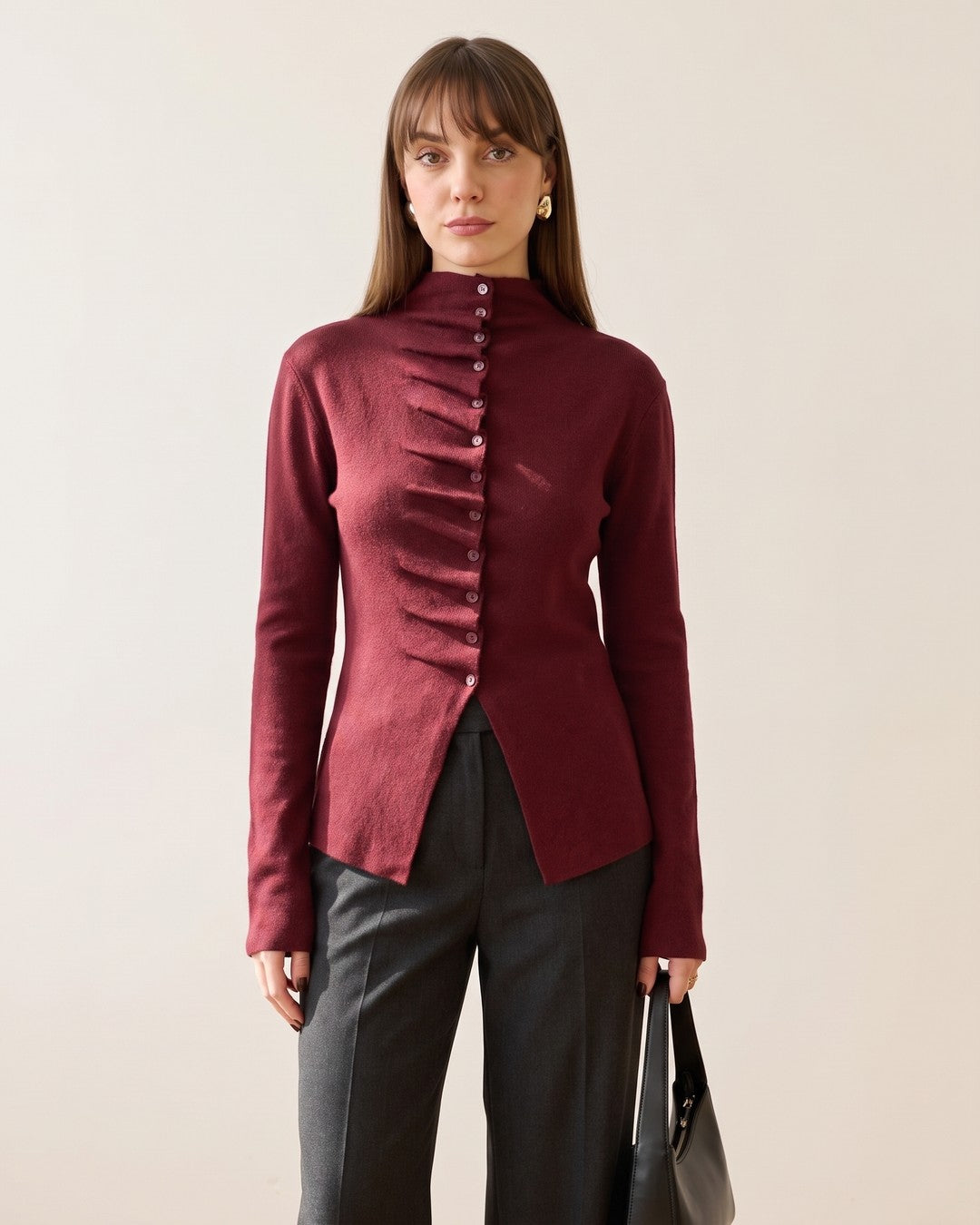 Asymmetric Button-Front Ruched Knit - Burgundy - front view
