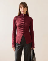 Asymmetric Button-Front Ruched Knit - Burgundy - front view