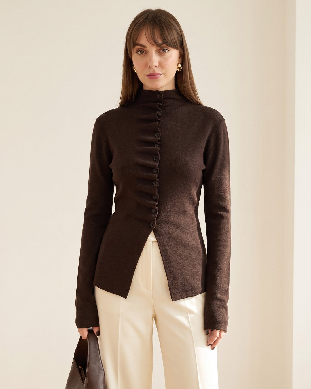 Asymmetric Button-Front Ruched Knit - Brown - front view