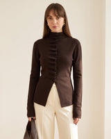 Asymmetric Button-Front Ruched Knit - Brown - front view