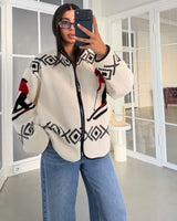 Aztec Ski Print Teddy Fleece Jacket - Off White - front view