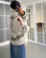 Aztec Ski Print Teddy Fleece Jacket - Off White - three-quarter view