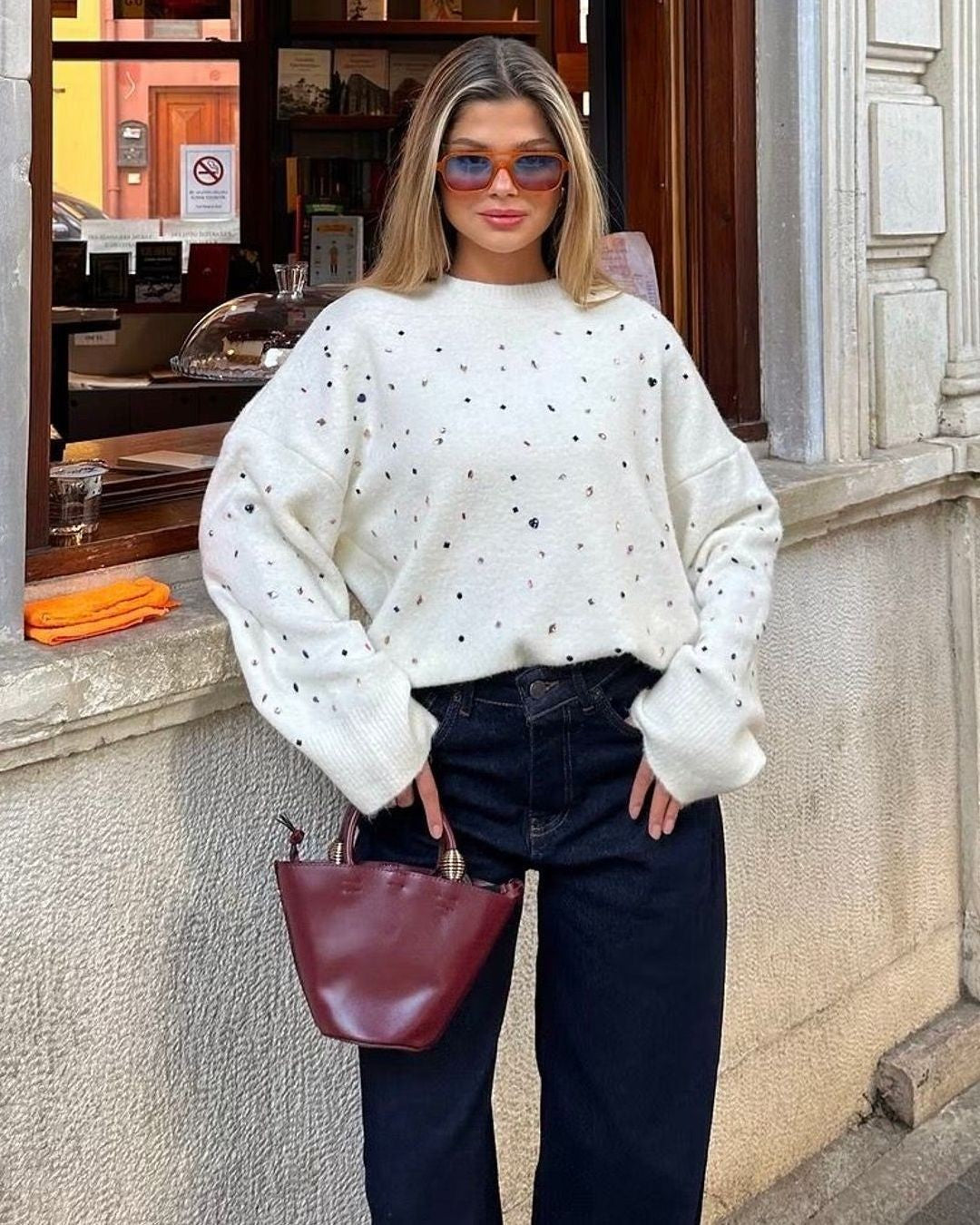 Bedazzled Ivory Knit Sweater - White - front view