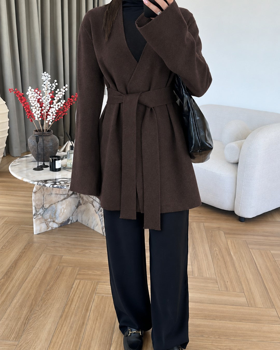 Belted Knit Cozy Cardigan - Brown - front view
