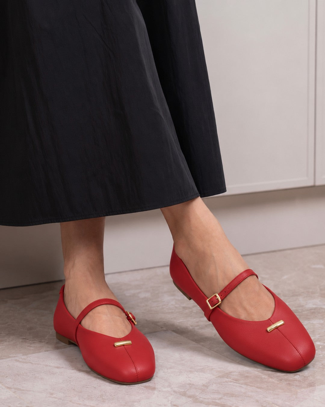 Buckle Ballet Flats - Red - three-quarter view