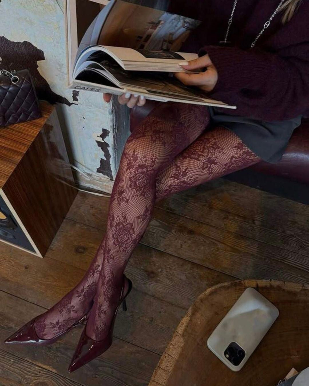 Burgundy Lace Tights - Burgundy - three-quarter view