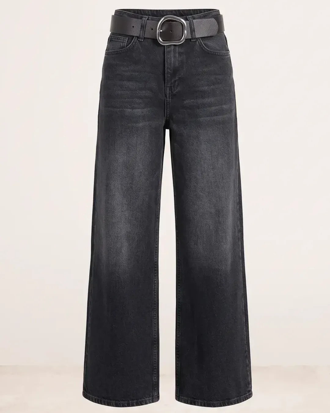 Charcoal Wide Leg Denim + Belt - Black - front view