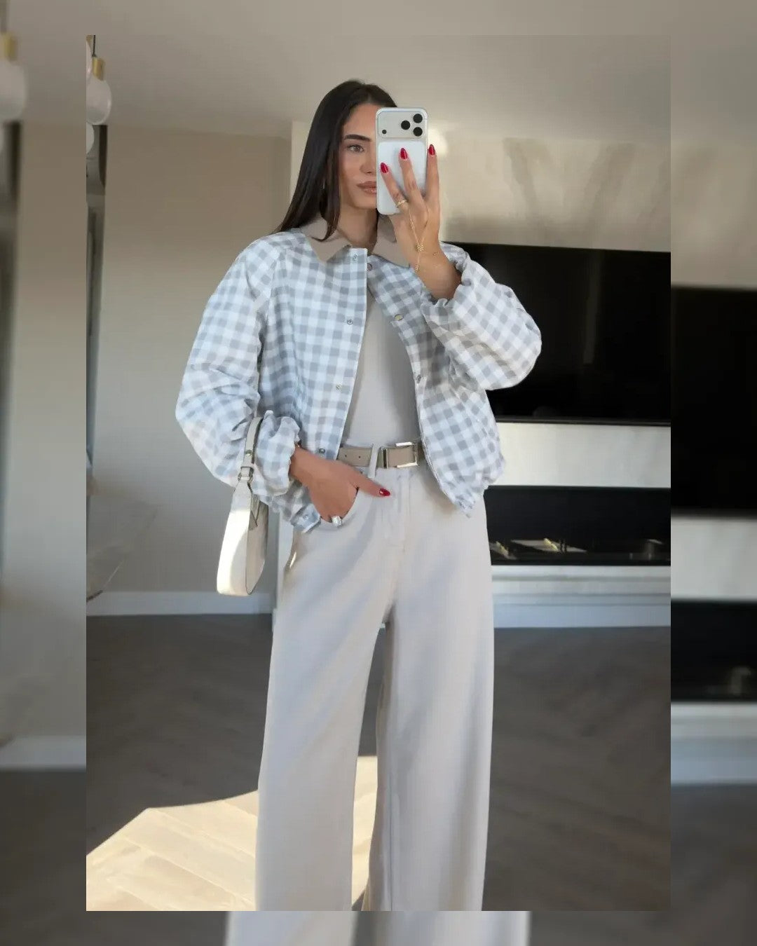 Check Balloon-Sleeve Bomber Jacket - Multi - front view