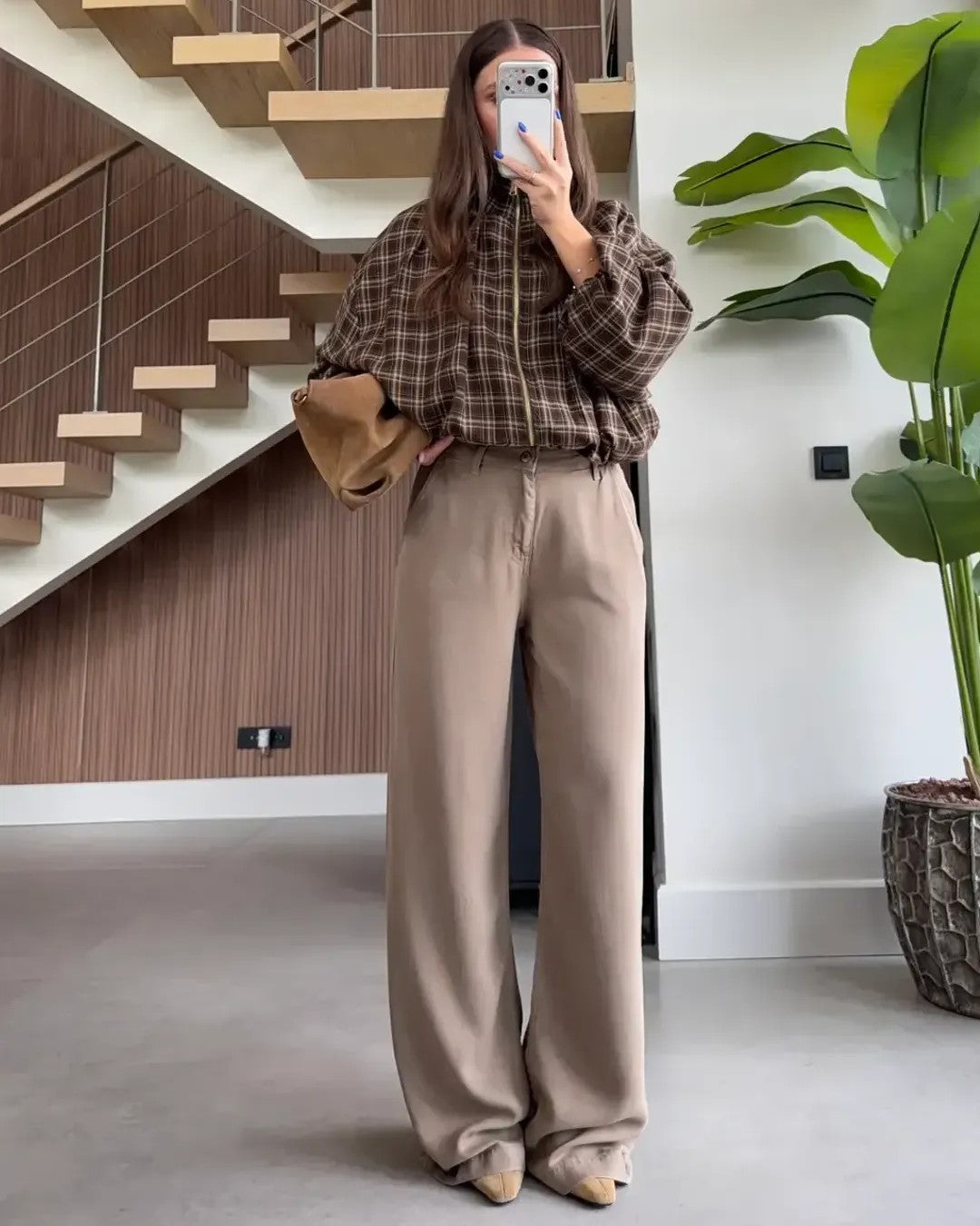 Check Balloon-Sleeve Jacket - Brown - front view