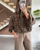 Check Balloon-Sleeve Jacket - Brown - front view