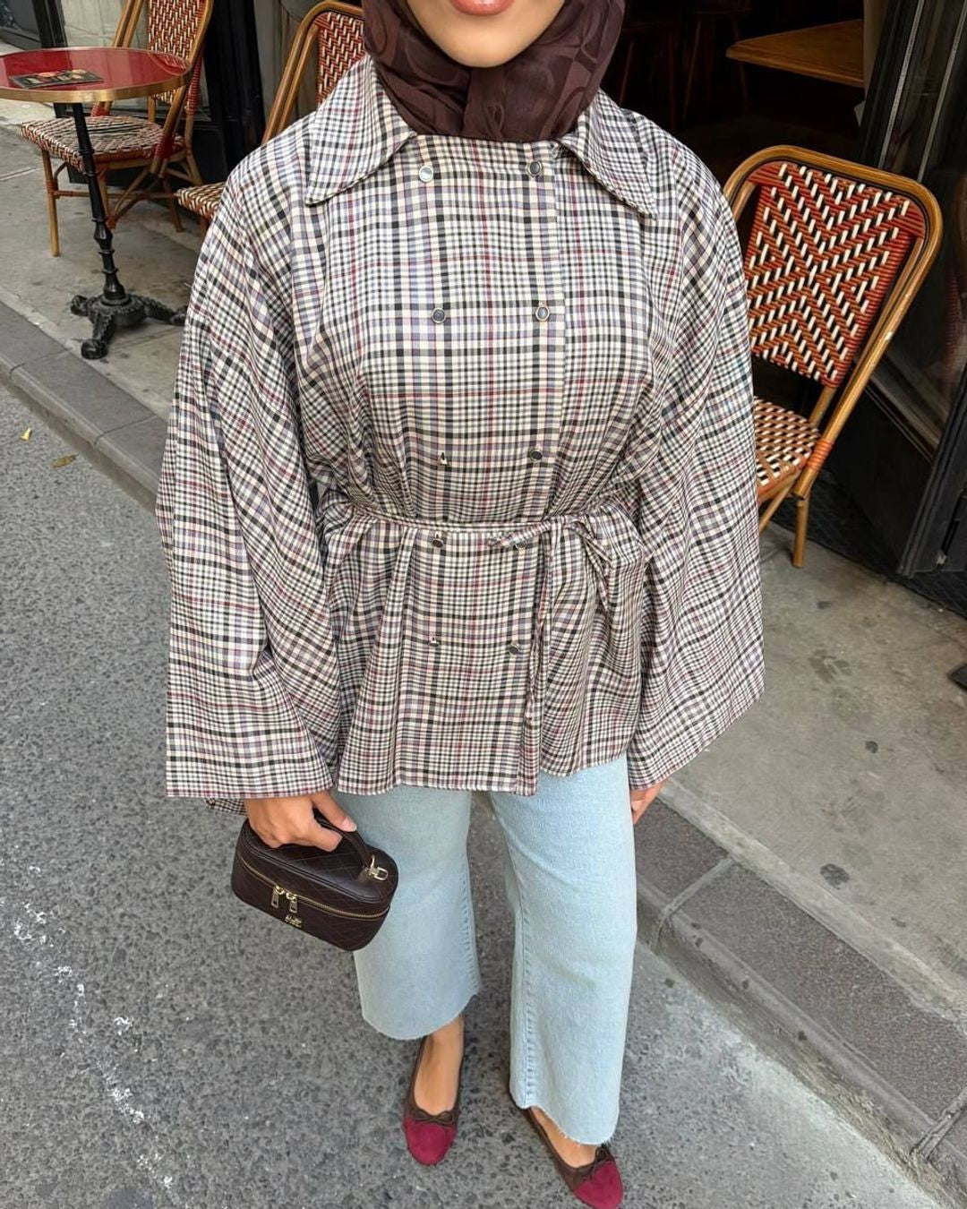 Check Belted Poncho Jacket + Belt - Beige - front view