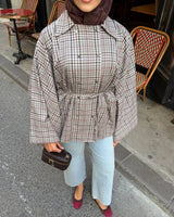Check Belted Poncho Jacket + Belt - Beige - front view