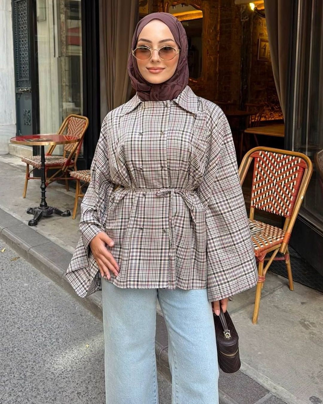 Check Belted Poncho Jacket + Belt - Beige - front view