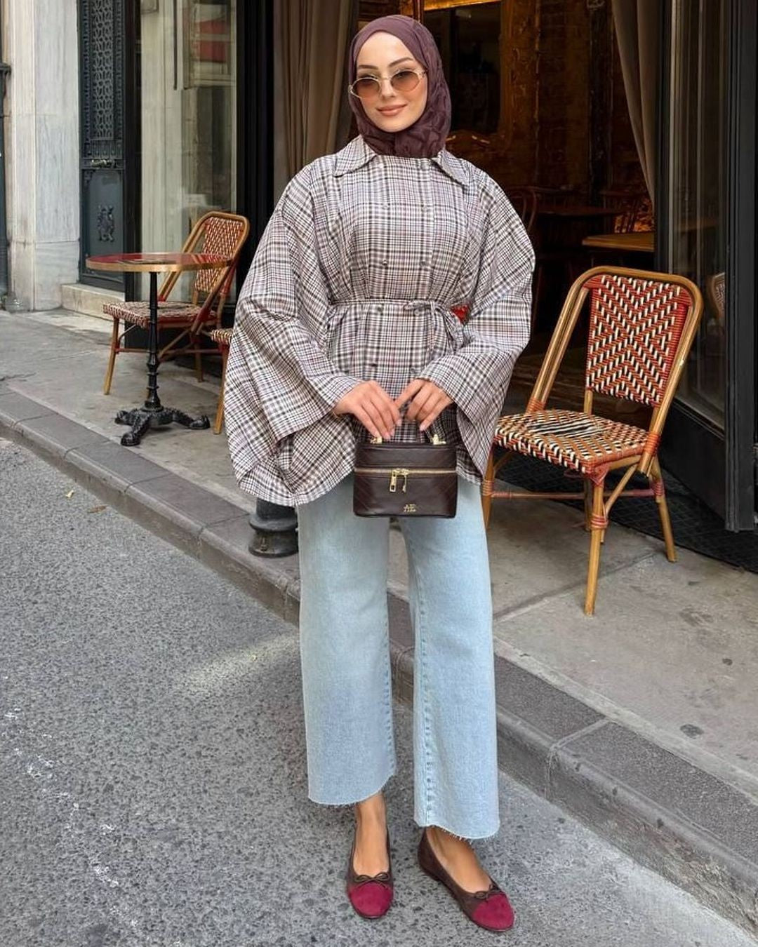 Check Belted Poncho Jacket + Belt - Beige - front view