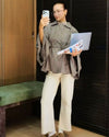 Check Belted Poncho Jacket + Belt - Beige - front view