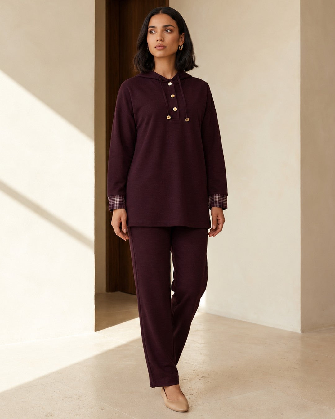 Check-Cuff Hooded Two Piece Set - Burgundy - front view
