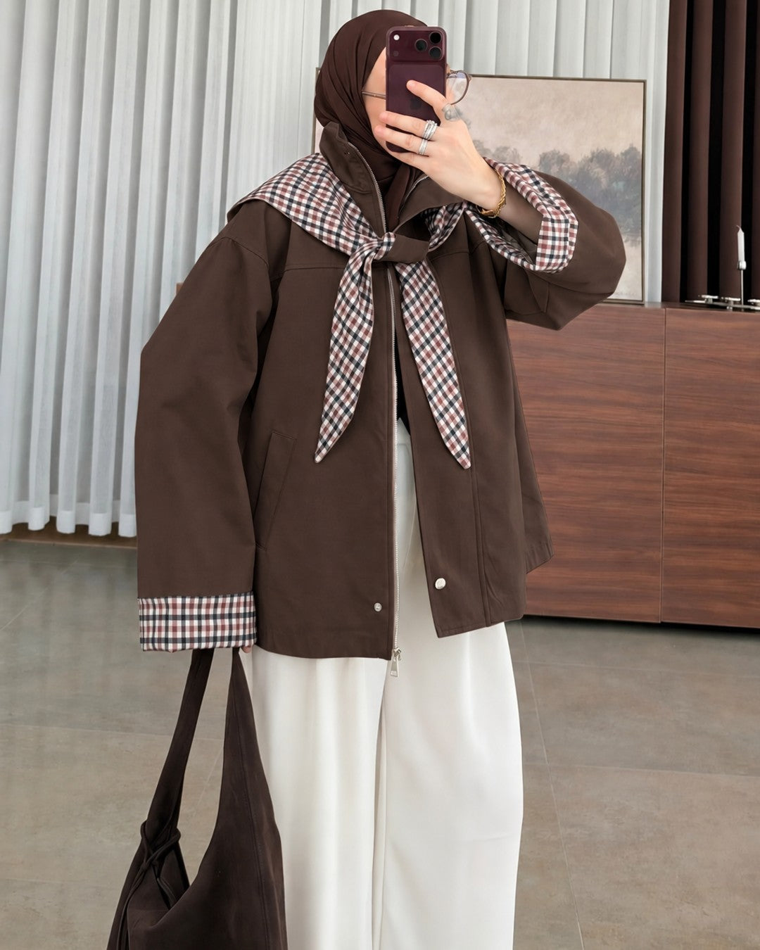 Check-Lined Hooded Jacket - Brown - front view