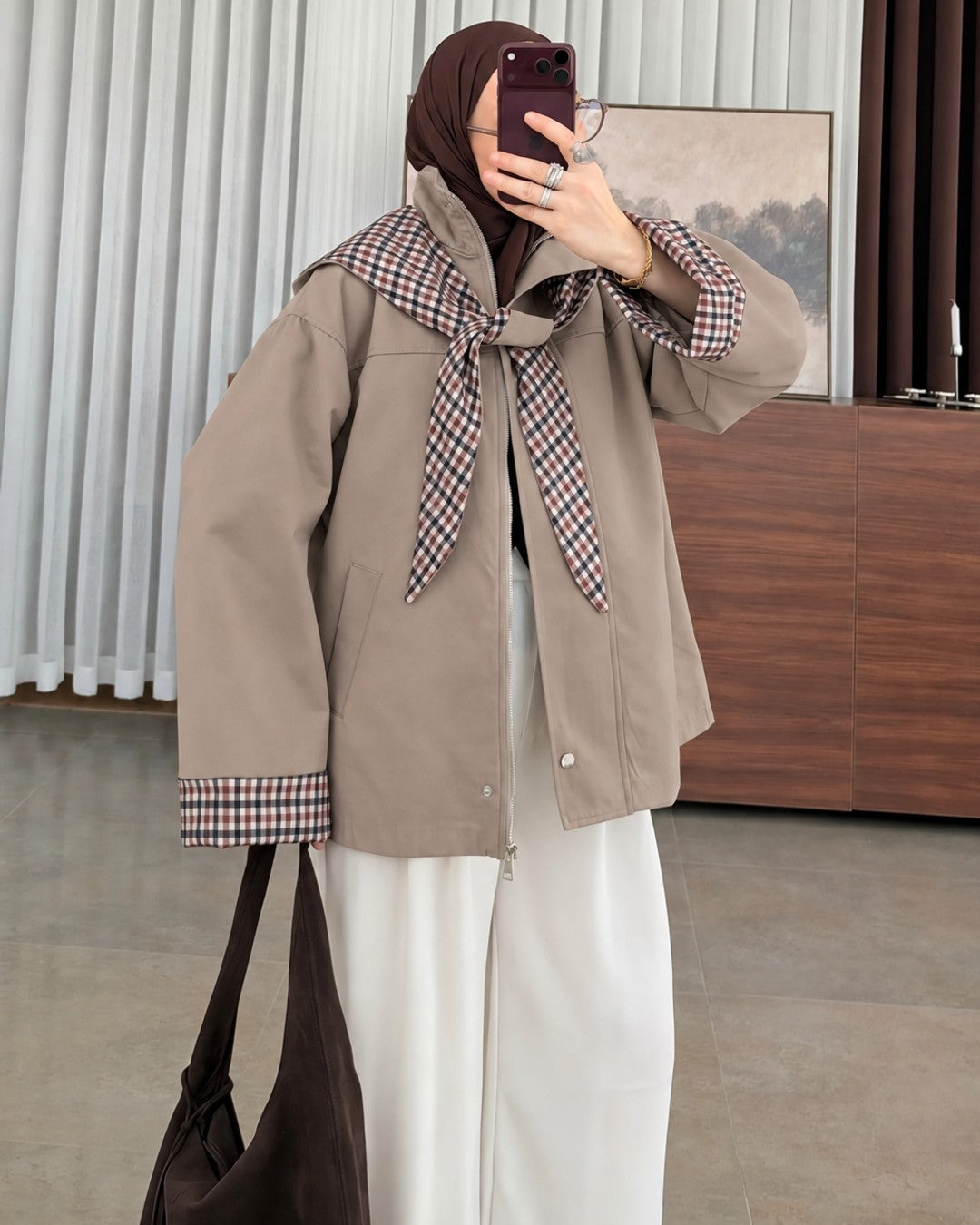 Check-Lined Hooded Jacket - front view