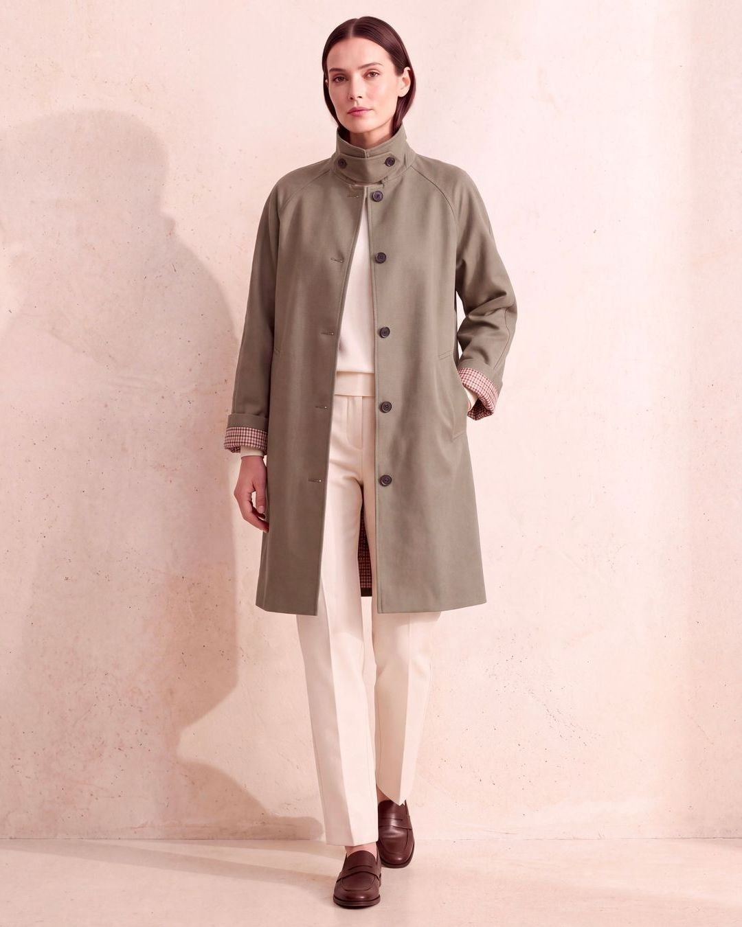 Check Sleeve Trench Jacket - Khaki - front view