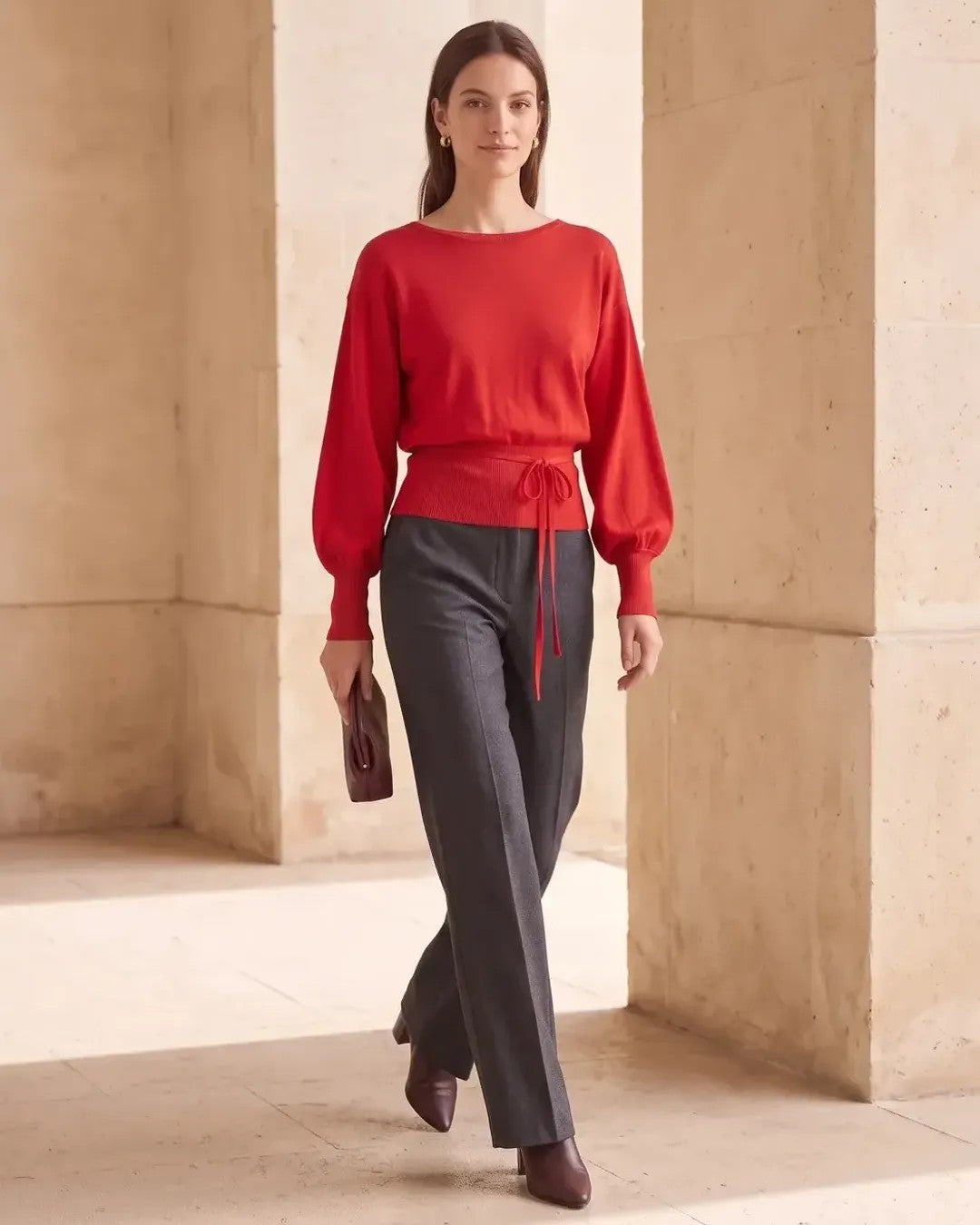 Cinched Knit Blouse + Belt - Red - front view