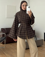 Cinched-Waist Plaid Shirt - Brown - front view