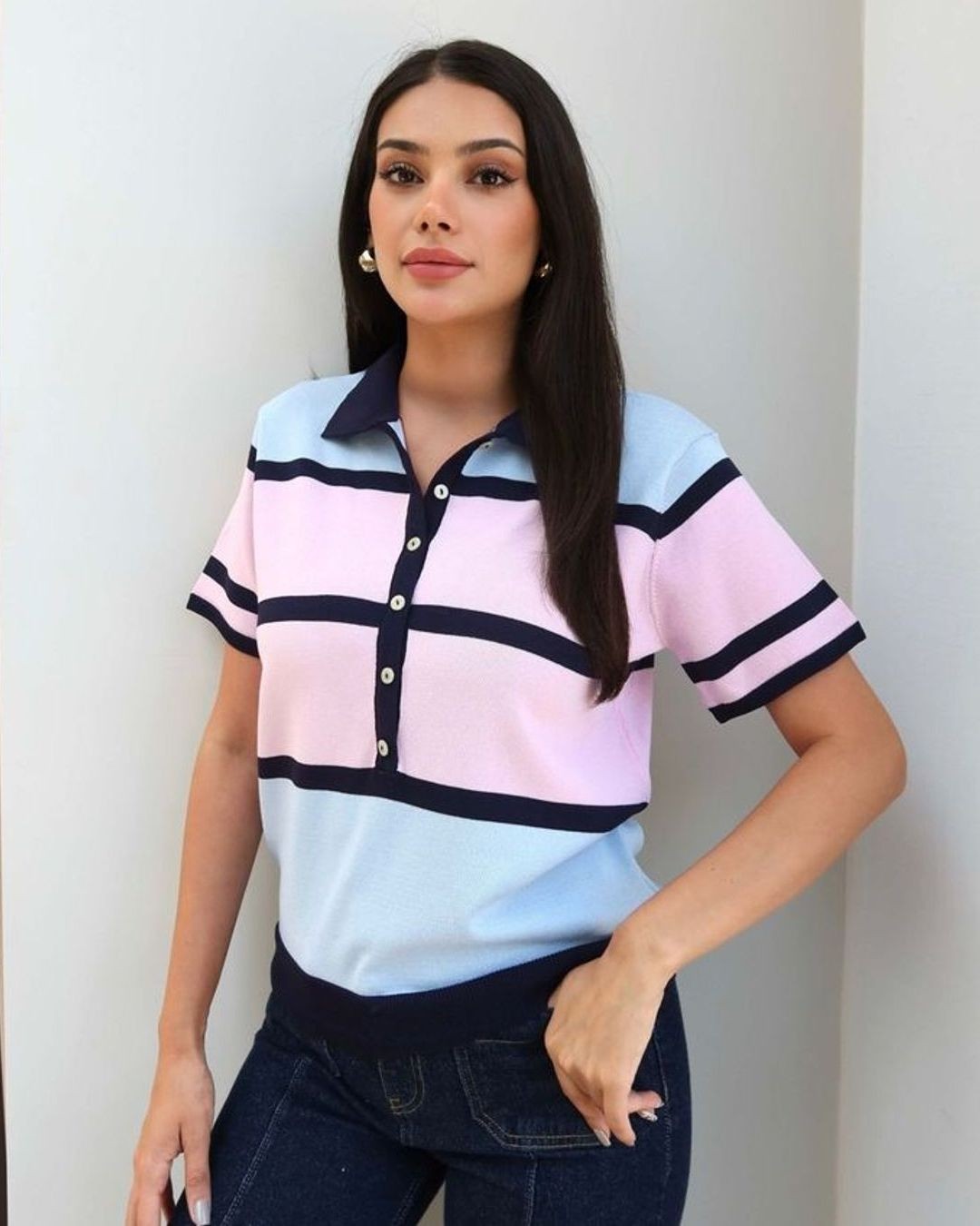 Color Block Knit Polo Top - Multi - front view