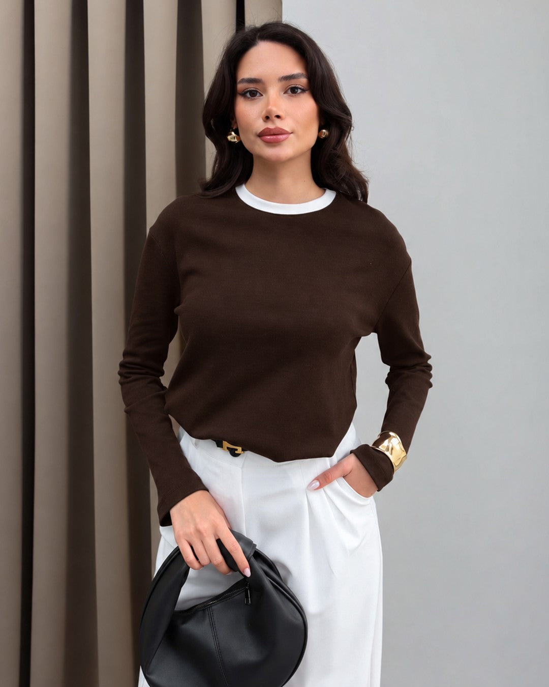 Contrast Collar Long-Sleeve Top - Brown - front view
