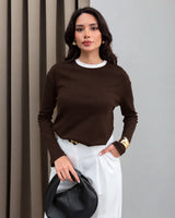 Contrast Collar Long-Sleeve Top - Brown - front view