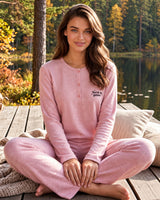 Cozy Henley Soft Knit Pajama Set - Pink - front view