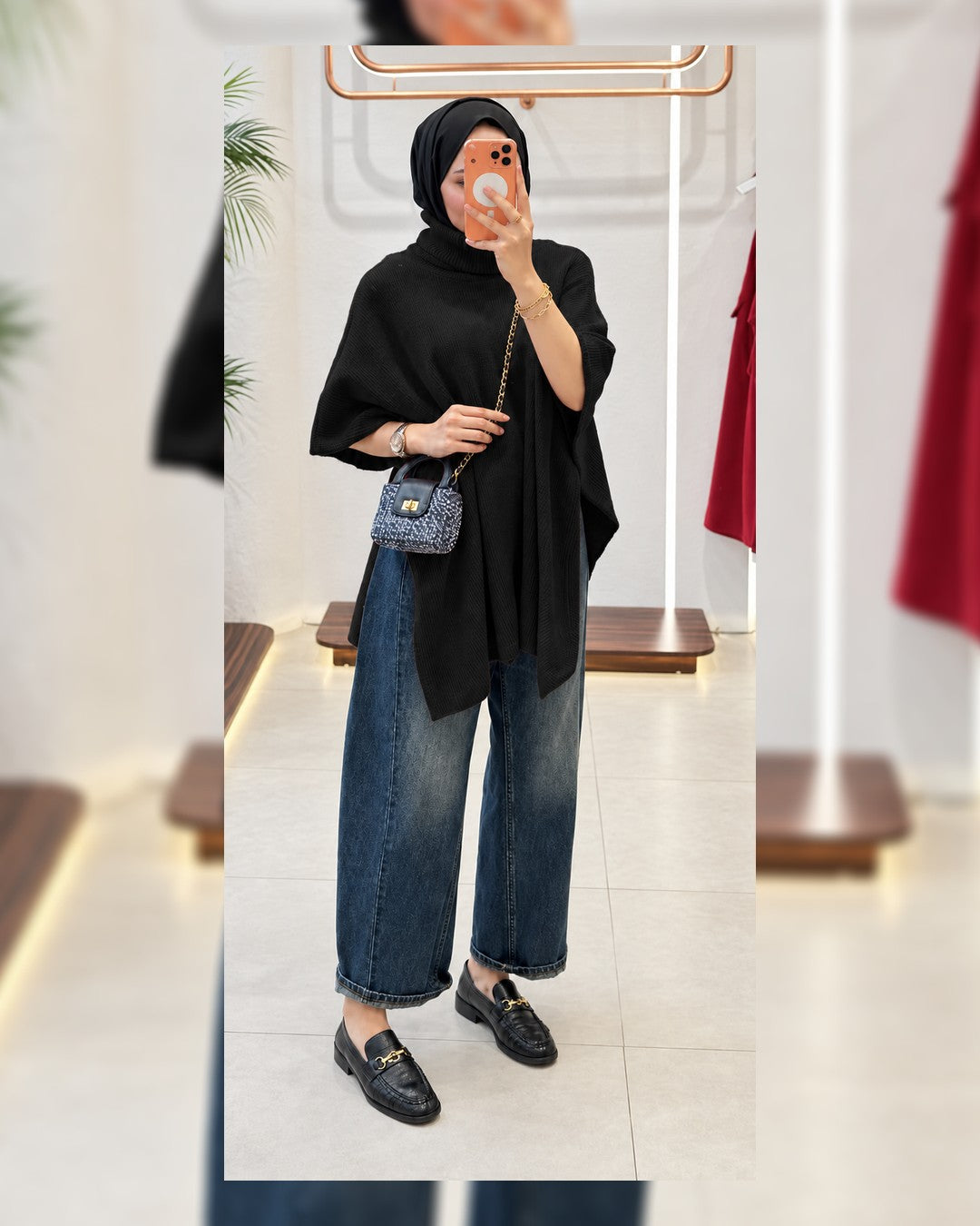 Cozy High-Neck Poncho - Black - front view
