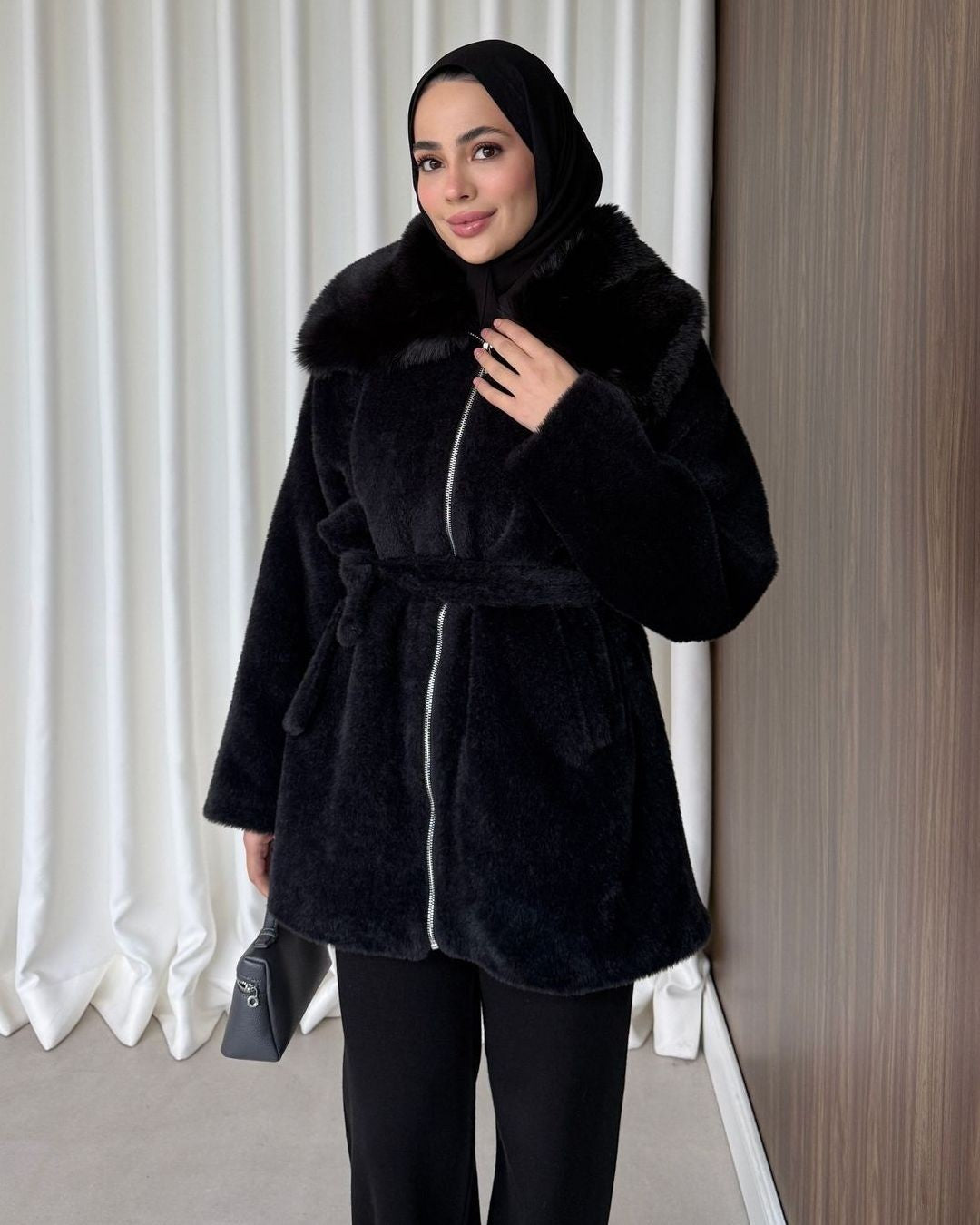 Cozy Luxe Coat - Black - front view