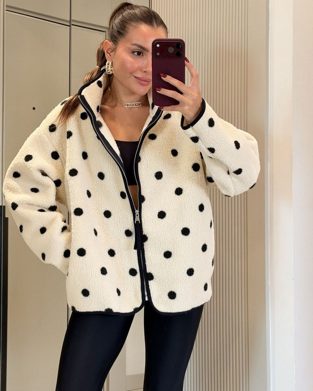 Cozy Polka Fleece Jacket - Off White - front view