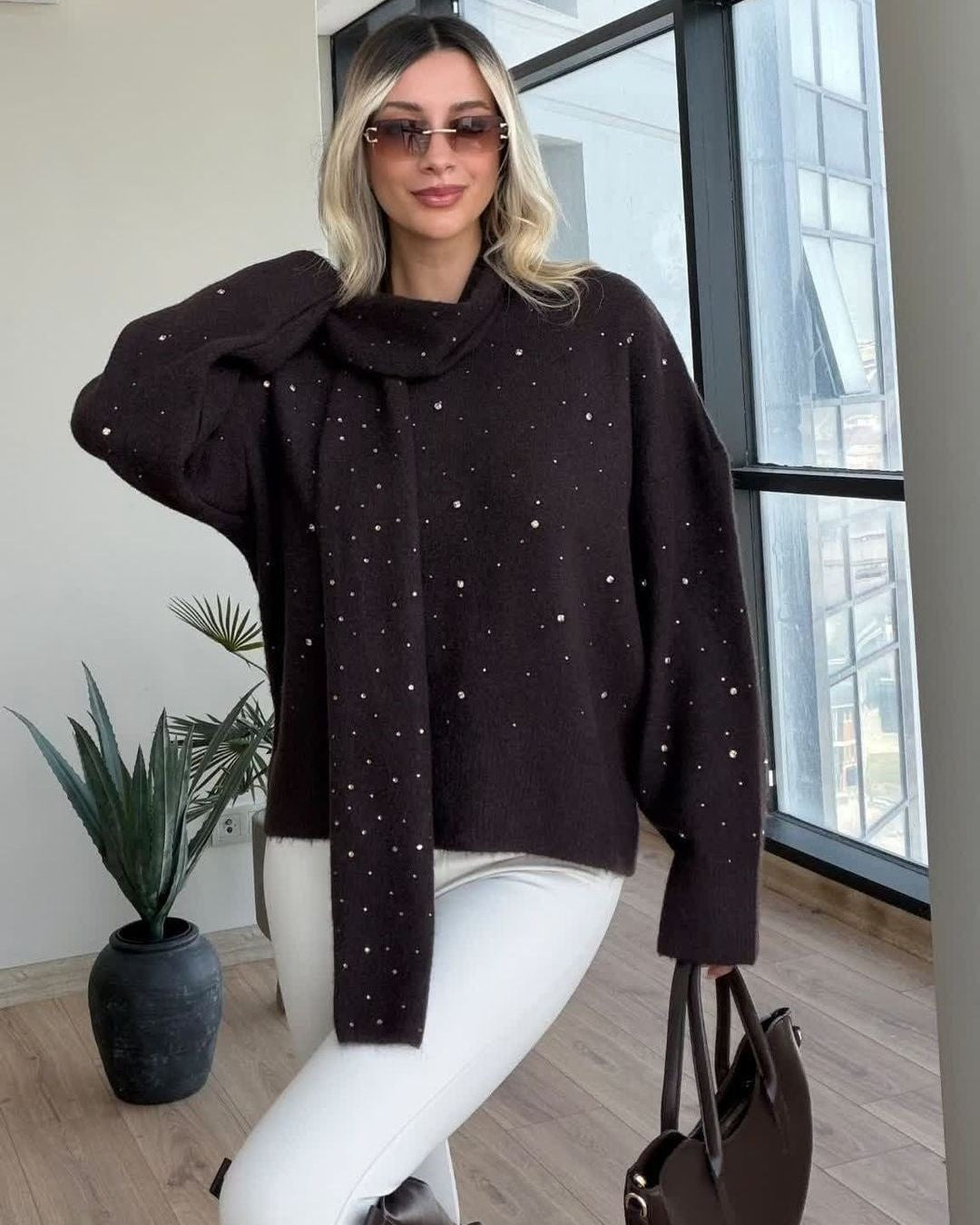 Crystal Knit Sweater & Scarf Set - Brown - front view