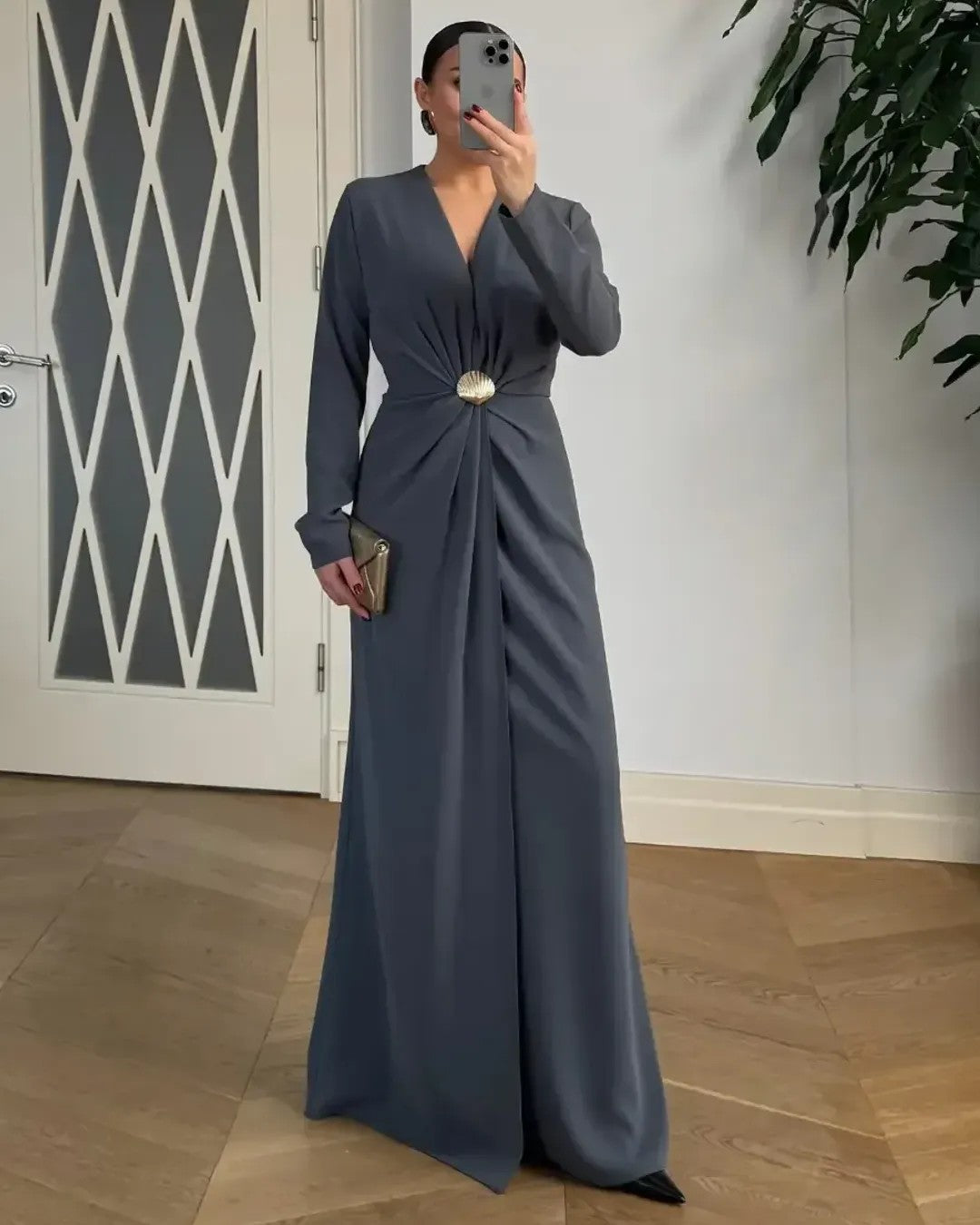 Draped Shell-Buckle Gown