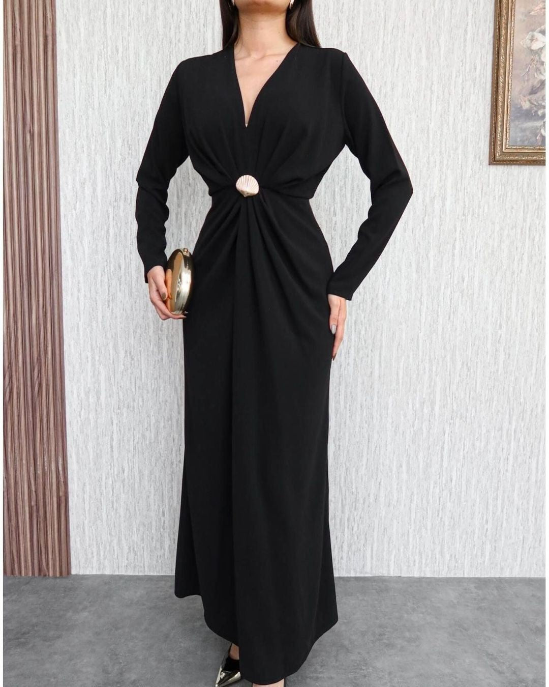 Draped Shell-Buckle Gown