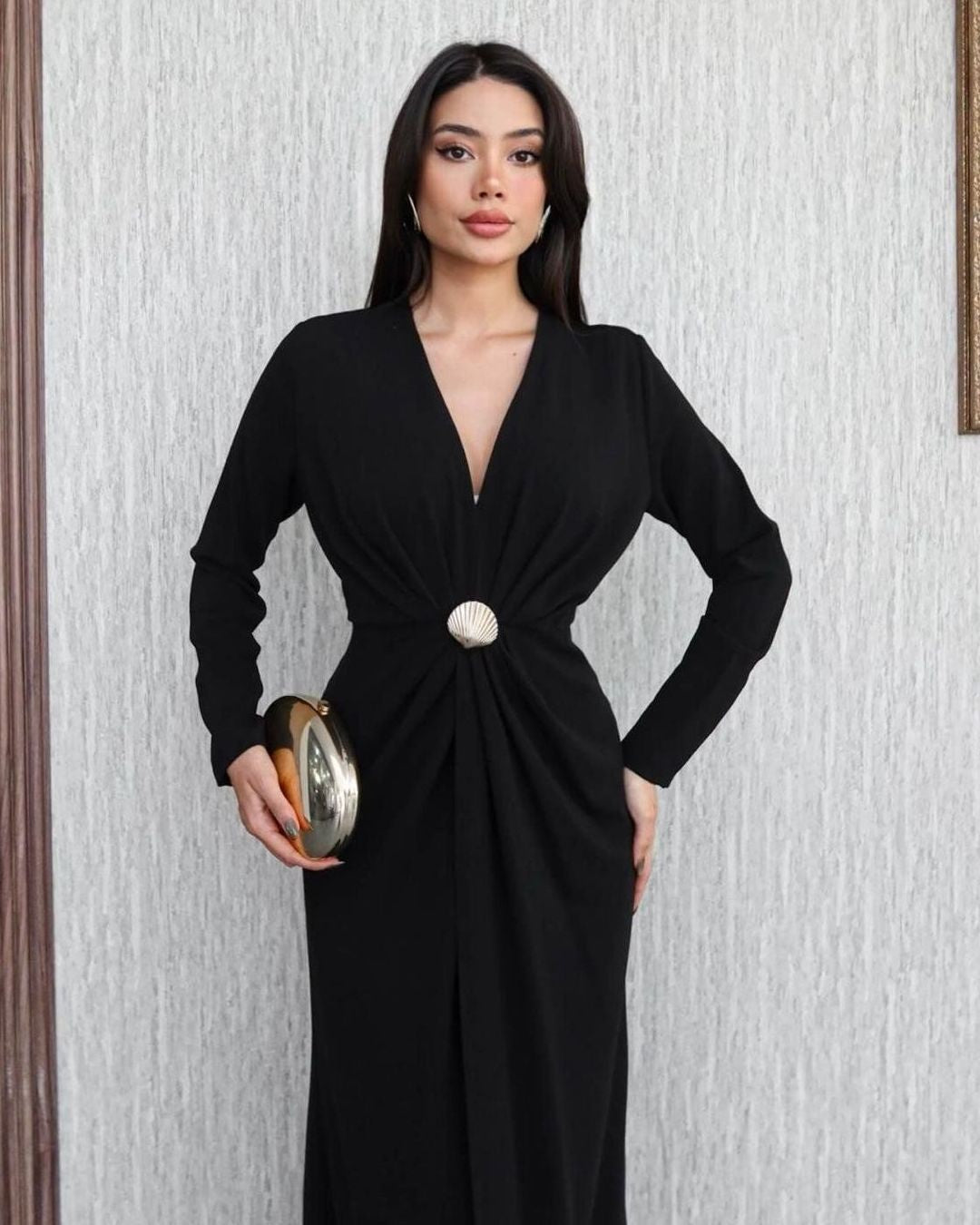 Draped Shell-Buckle Gown